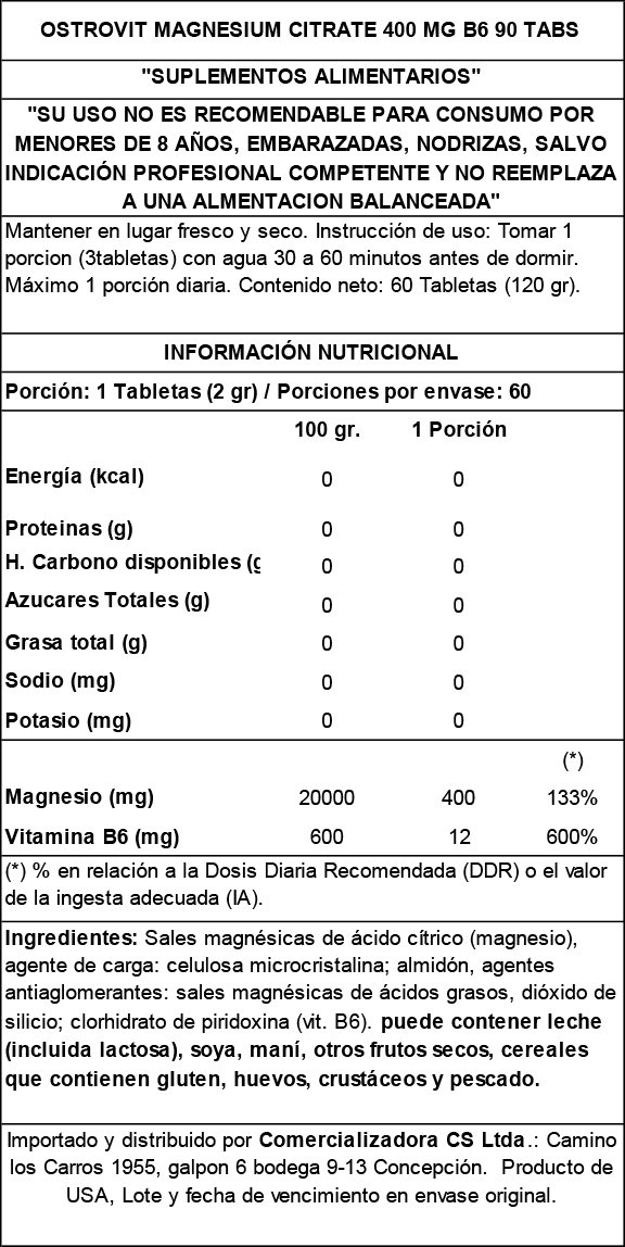 magesion citrate 400 + b6 table CITRATO DE MAGNESIO 400 MG + B6 90 TABS